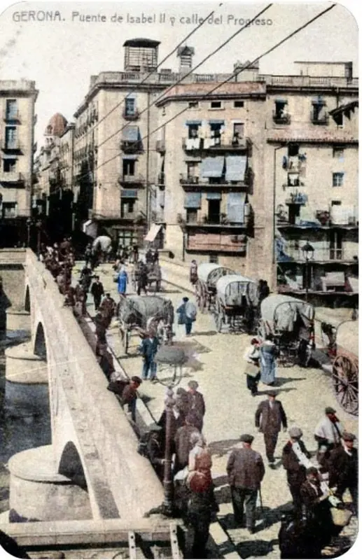 Gerona: puente de Isabel II y calle del Progreso (postal antigua)