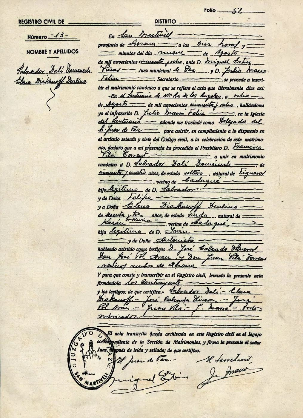 Inscripción del matrimonio de Gala y Salvador Dalí