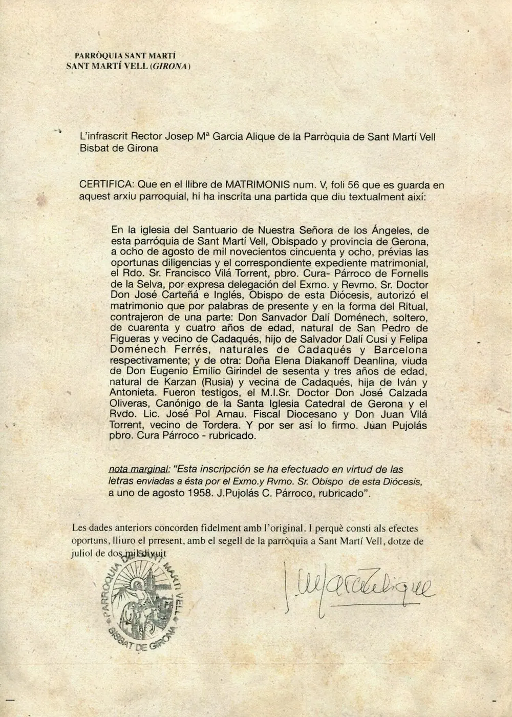 Certificado de la boda religiosa de Salvador Dalí y Gala, 1958